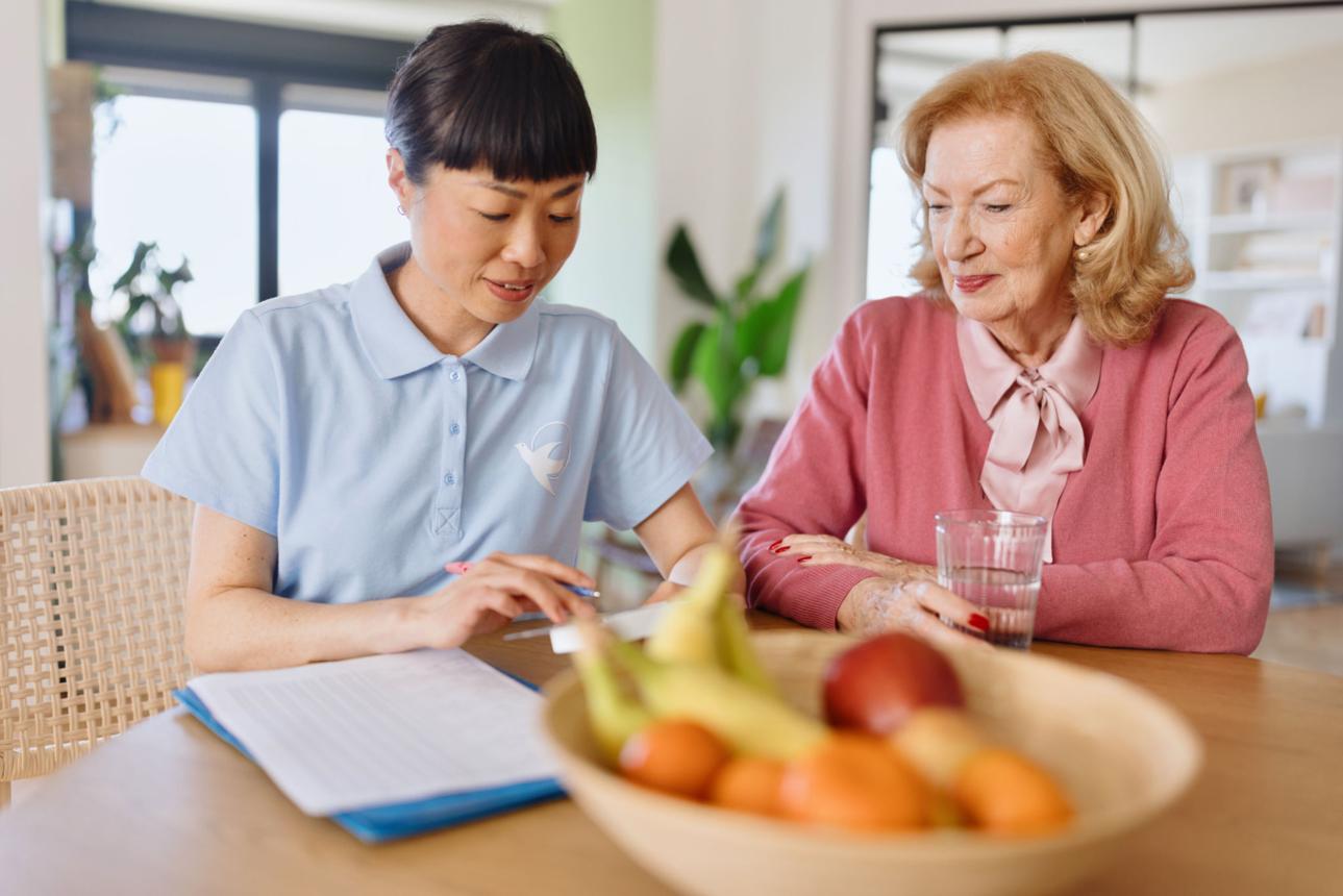 Caregiver reviewing care plan with elderly client during assessment