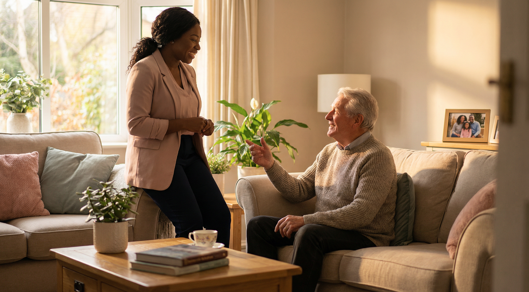 Caregiver talking warmly with elderly client at home
